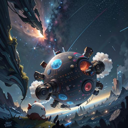 a space station flying through the sky with a rocket ship in the background and a panda bear sitting on the ground