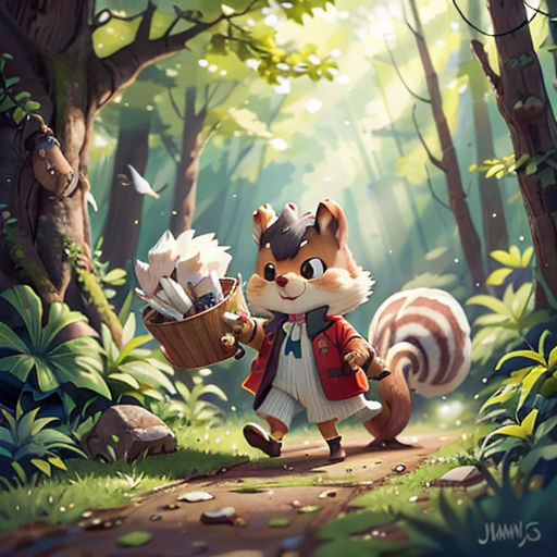 a painting of a squirrel carrying a basket of mushrooms in a forest with other animals in the background and a bird flying overhead