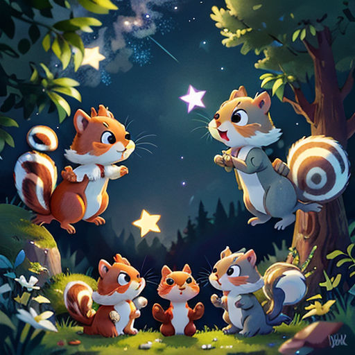 a group of squirrels standing in the woods under a night sky with stars and a shooting star above them