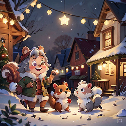a cartoon of a christmas scene with a fox and two other animals in the snow and a christmas tree