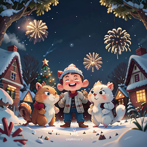 a cartoon character standing in front of a christmas scene with animals and fireworks in the background of a snowy village