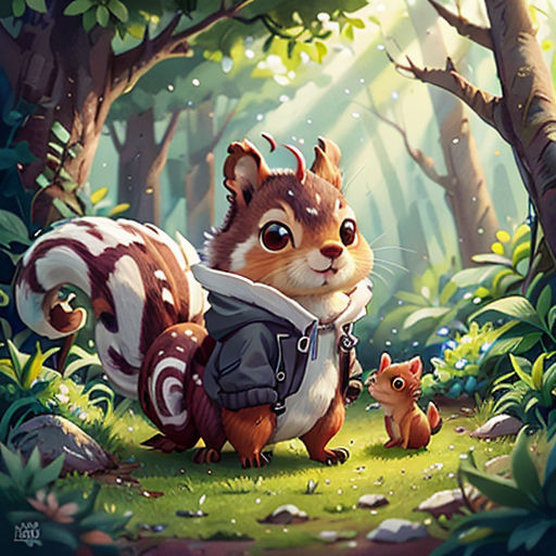 a squirrel and her baby in the forest by a tree with leaves and rocks on it, with a forest background
