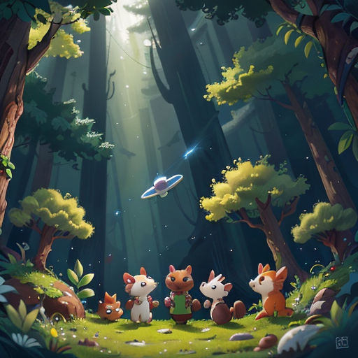 a group of animals in a forest with a spaceship in the background of the scene with trees and grass