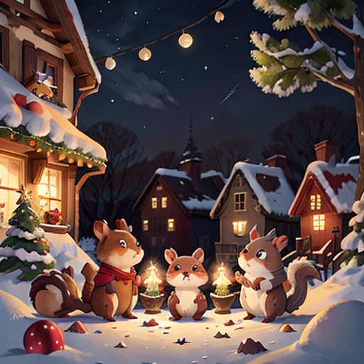 a christmas scene with a squirrel and other animals in the snow and a house with a christmas tree and lights