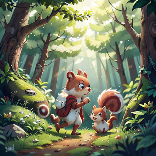 a squirrel and her baby are walking through the woods together, with the sun shining through the trees behind them