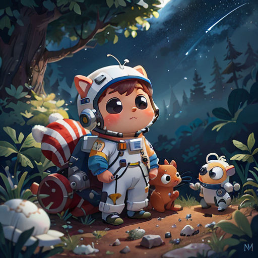 a cartoon character with a rocket helmet and a cat in a forest with a moon in the background and a rocket ship in the foreground