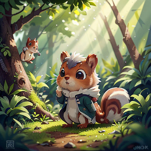 a squirrel in the woods with a squirrel on his back and a squirrel on his shoulder, and a squirrel on his shoulder