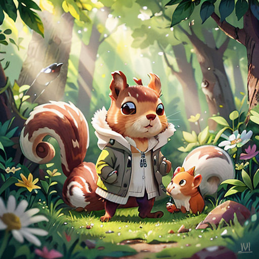 a squirrel and a squirrelling in a forest with flowers and trees in the background, with a bird flying overhead