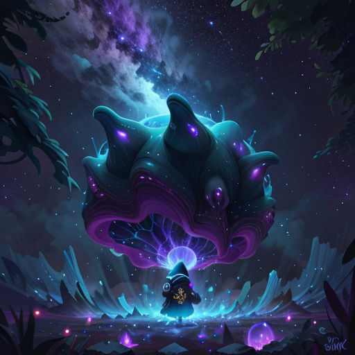 a painting of a person standing in a forest with a purple and blue light coming from the center of the image
