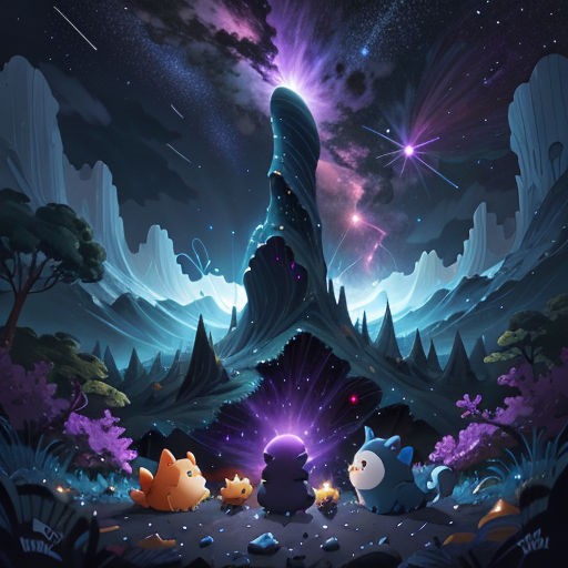 a painting of a mountain with a sky background and some animals in the foreground, and a star filled sky in the background