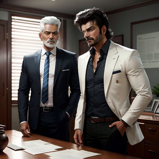 two men in suits standing in front of a desk with papers on it and a vase with a plant
