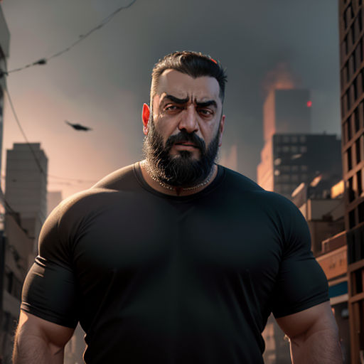 a man with a beard and a black shirt in a city setting with birds flying overhead in the background