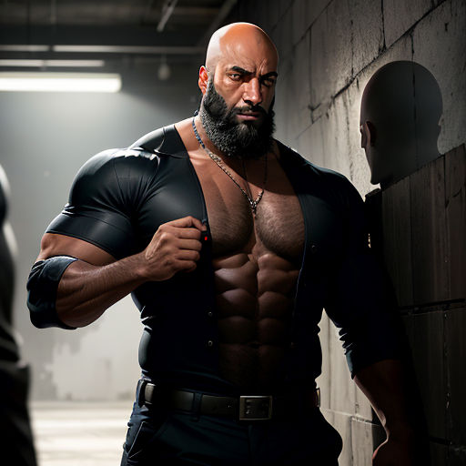 a man with a beard and no shirt on standing next to a wall with a bald man in a black shirt