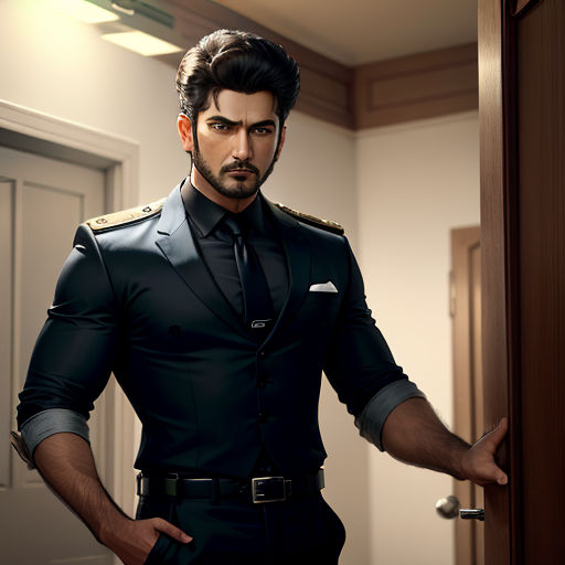 a man in a suit standing in a doorway with his hands on his hips and his hands on his hips