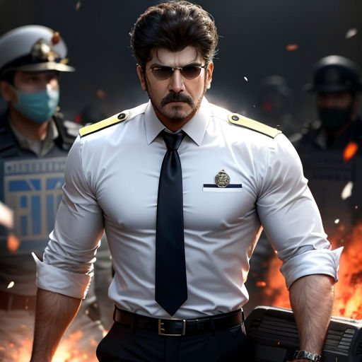 a man in a tie and uniform with a gun in his hand and a fire in the background with a police officer in the background