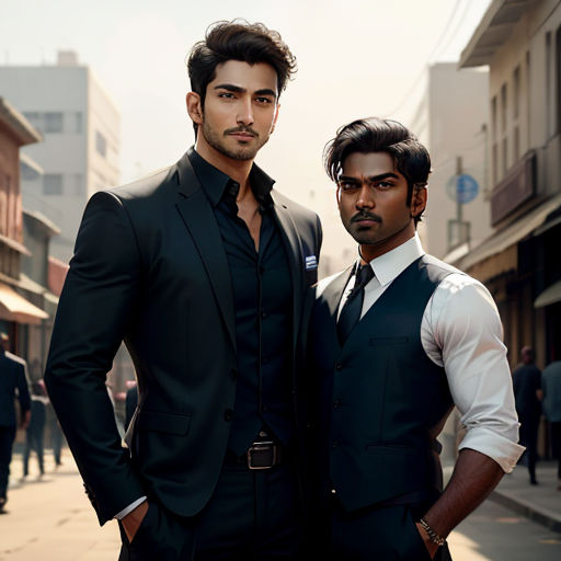 two men in suits standing on a city street together, one of them is wearing a vest and the other is a tie
