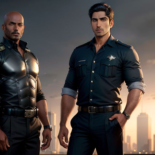 two men in military uniforms standing next to each other in front of a city skyline with skyscrapers in the background