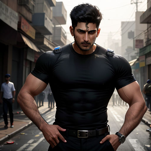a man in a black shirt standing on a street with his hands on his hips and his hands on his hips