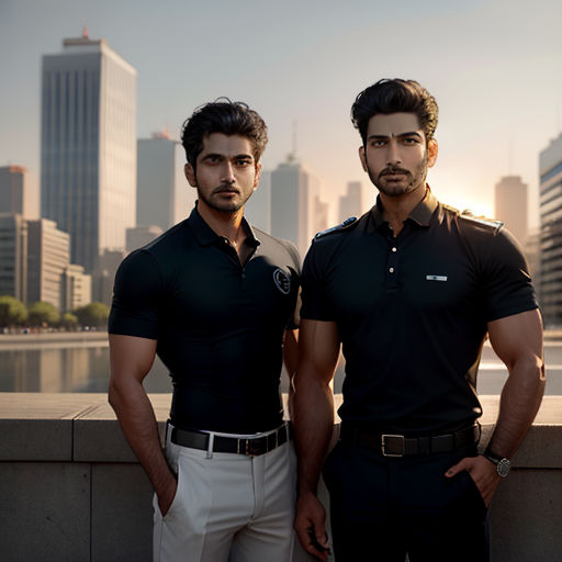 two men standing next to each other in front of a city skyline with tall buildings in the background and a river running through the center