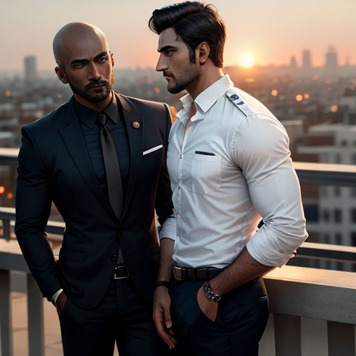two men in suits standing on a balcony overlooking a city at sunset or dawn, one of them is wearing a white shirt and the other is wearing a black tie