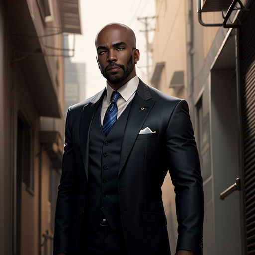 a man in a suit and tie standing in a narrow alleyway in a city setting with buildings in the background