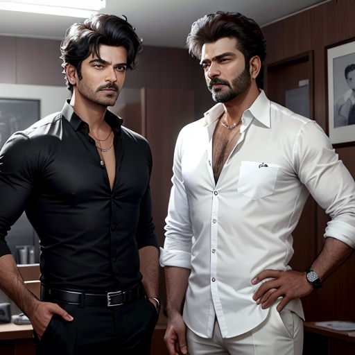 two men standing next to each other in a room with a desk and a mirror behind them, one of them is wearing a white shirt and the other is wearing a black