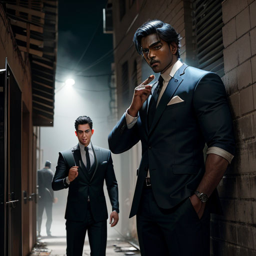 two men in suits standing in a hallway next to a brick wall and a door with a light on