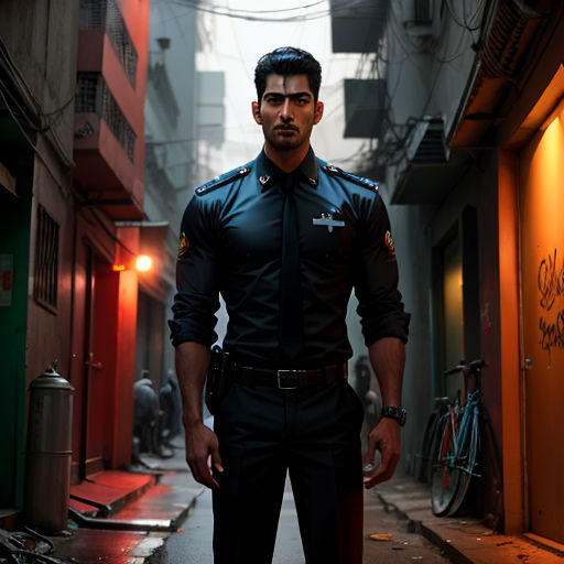 a man in uniform standing in an alley way in a city at night with a bicycle parked on the side of the street