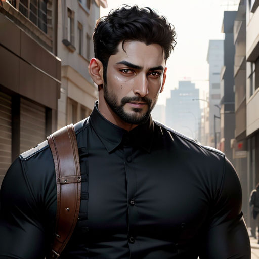 a man with a beard and a black shirt is standing in a city street with a brown bag on his shoulder