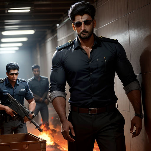 a man in a uniform and a man in a uniform with a gun in a hallway with other men