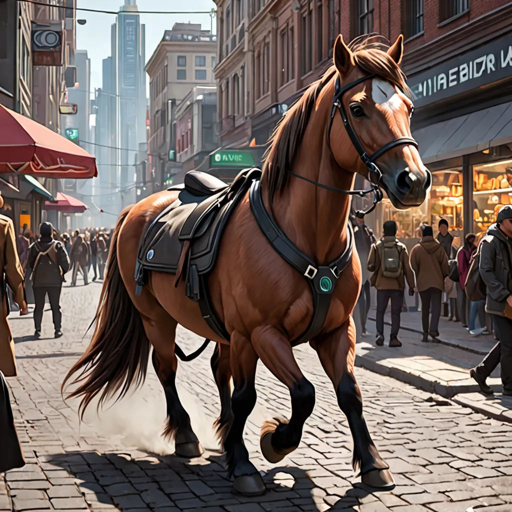 a horse is walking down a busy street in a city with people walking by and a man in a suit and tie, photorealism, a hyperrealistic painting, Clint Cearley, ultra realistic digital art