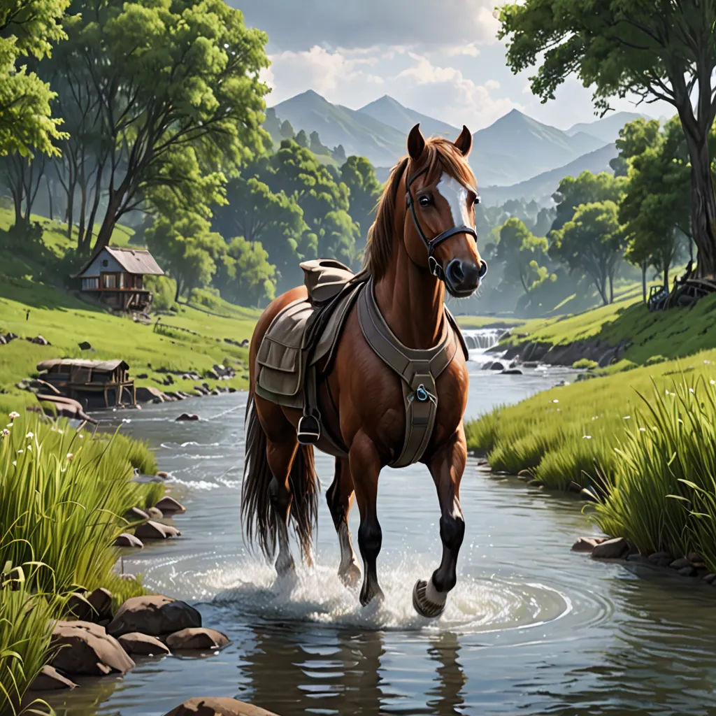 a horse is walking through a stream in the woods with a house in the background and a mountain range in the distance, american scene painting, a detailed matte painting, Chris LaBrooy, game art