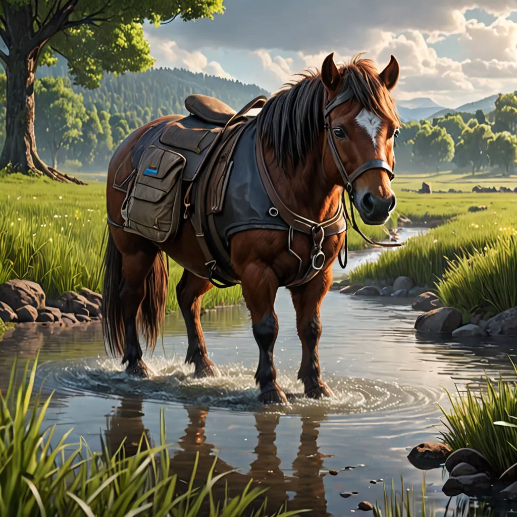 a horse standing in a river with a saddle on its back and a harness on its back, in a grassy area, american scene painting, an oil painting, Chris LaBrooy, highly detailed digital painting