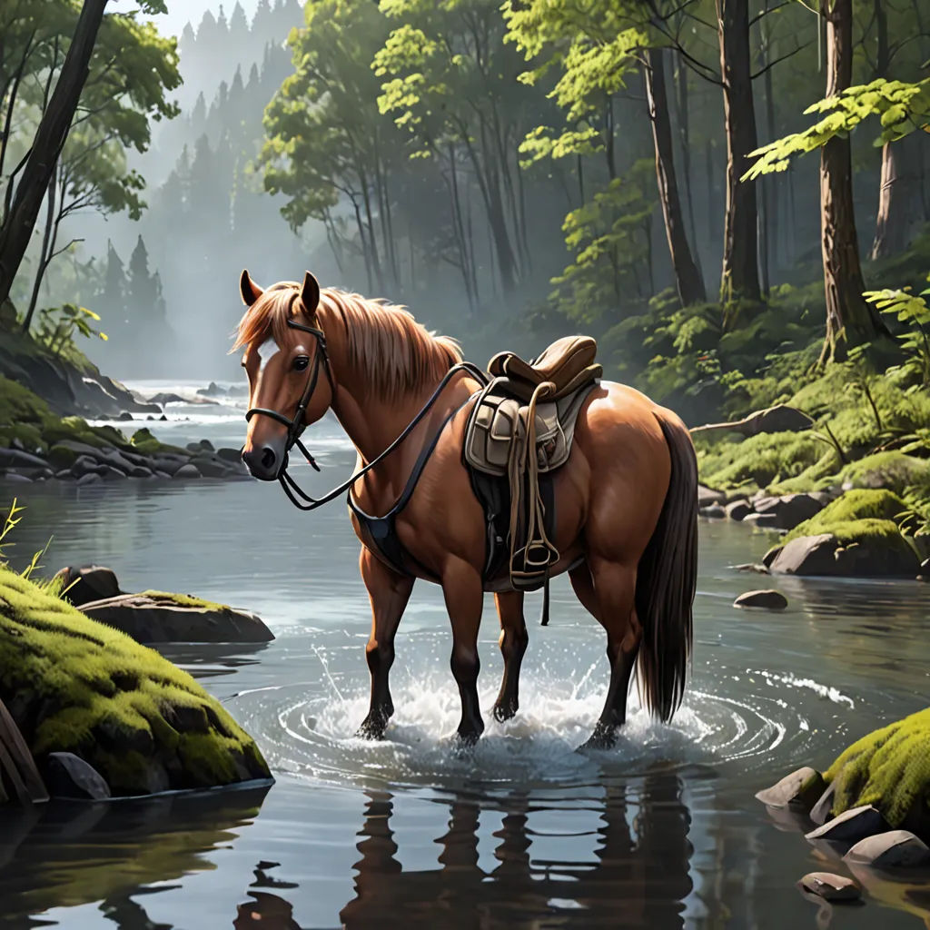 a horse standing in a river with a saddle on its back and a backpack on its back, in the middle of a forest, american scene painting, a detailed matte painting, Christophe Vacher, highly detailed digital painting