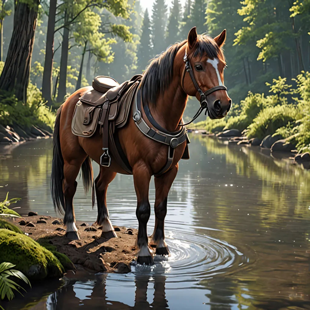 a horse standing in a river with a saddle on its back and a harness on its neck, standing in the water, photorealism, computer graphics, Chris LaBrooy, ultra realistic illustration