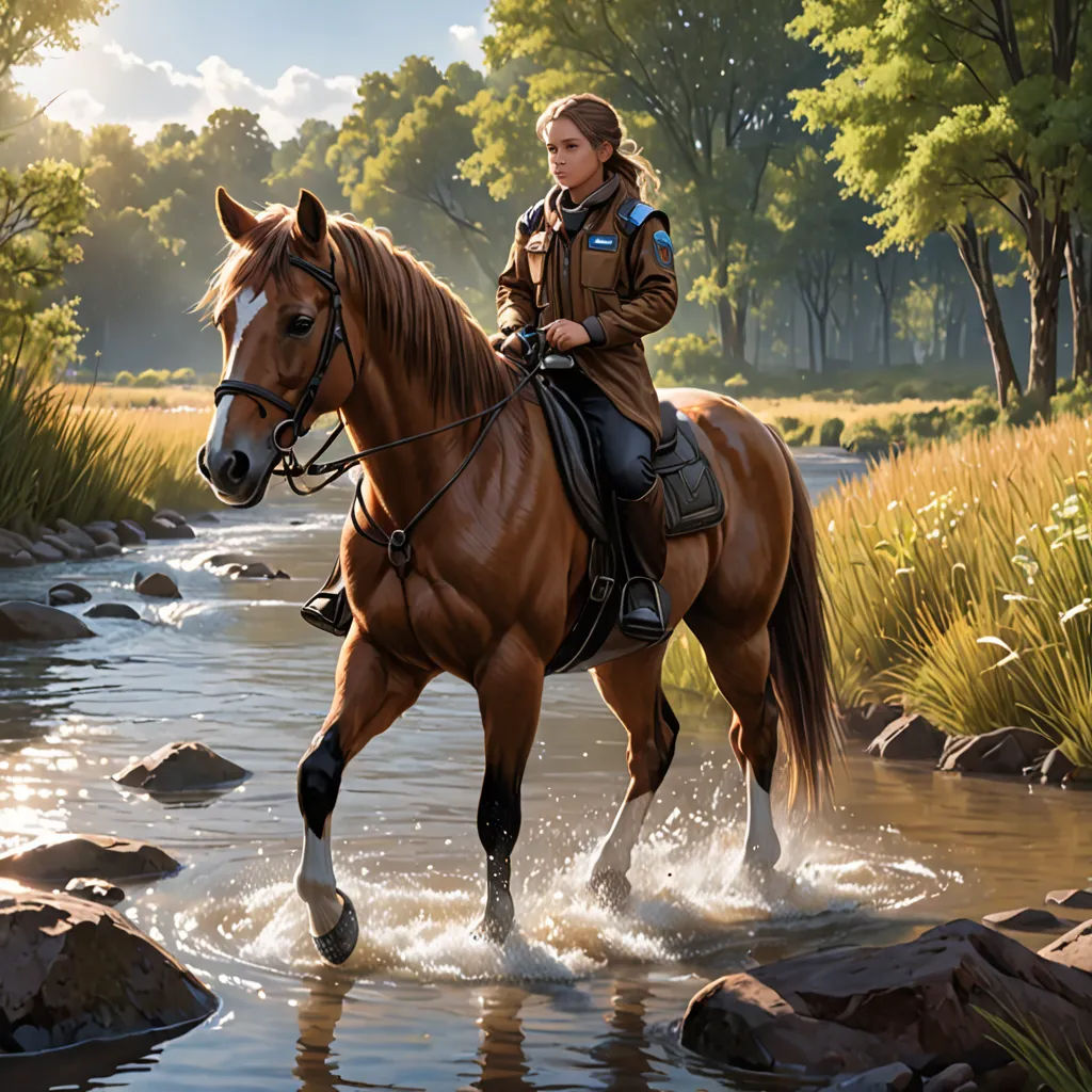 a painting of a girl riding a horse through a river with rocks and grass in the background and a stream running through the grass and rocks, american scene painting, an oil painting, Clint Cearley, professional digital painting