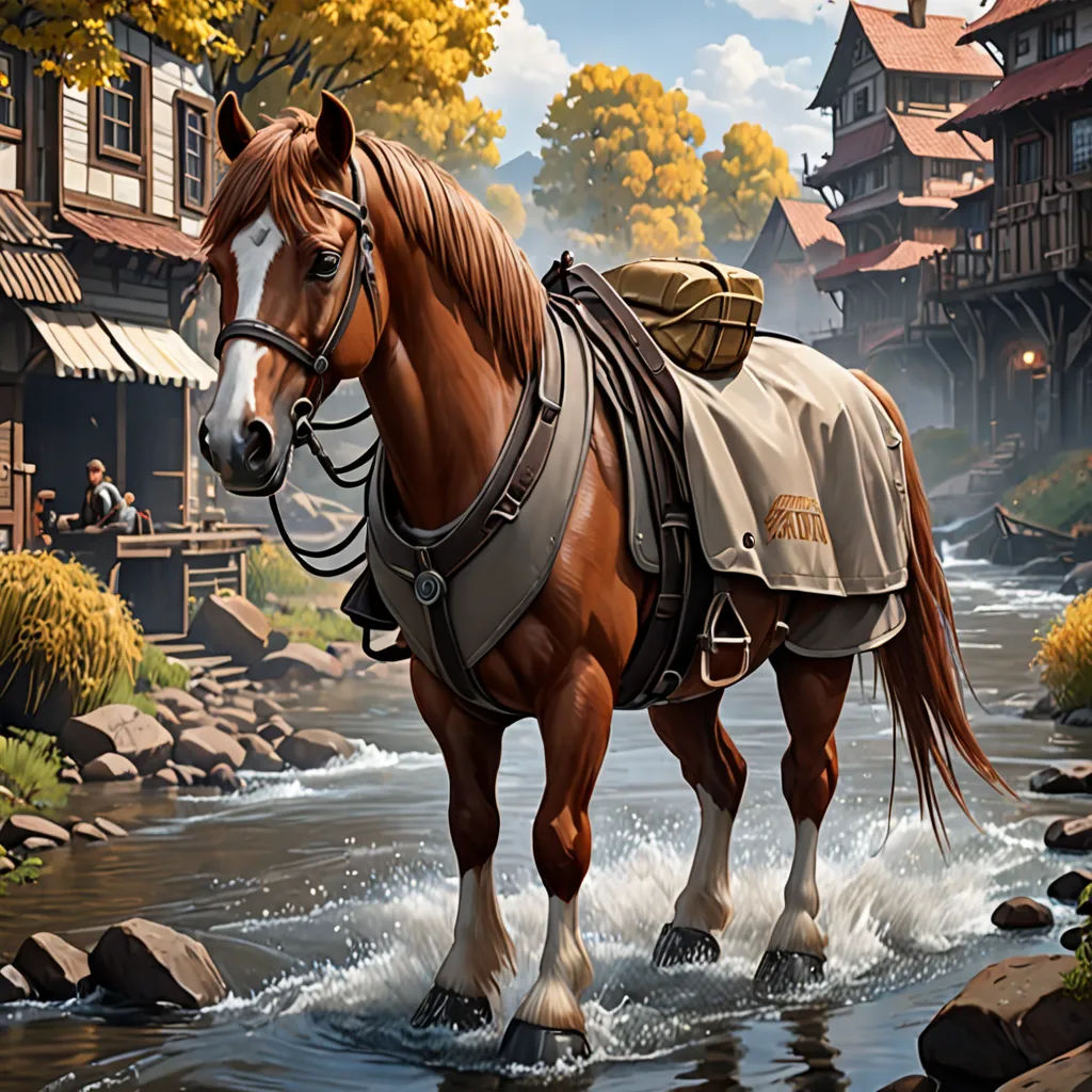 a horse is walking through a river in a town with houses and trees on the other side of the river, american scene painting, a detailed painting, Evgeny Lushpin, highly detailed digital painting