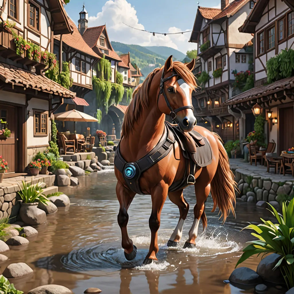 a horse is walking through a river in a town with houses and a mountain in the background, with a stream running through the center of the area, photorealism, computer graphics, Evgeny Lushpin, unreal engine highly rendered