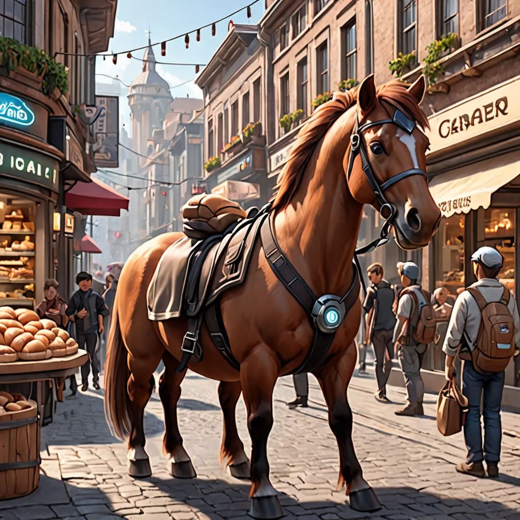 a horse standing in the middle of a street with a cart of eggs in front of it and people walking by, photorealism, a storybook illustration, Chris LaBrooy, highly detailed digital painting