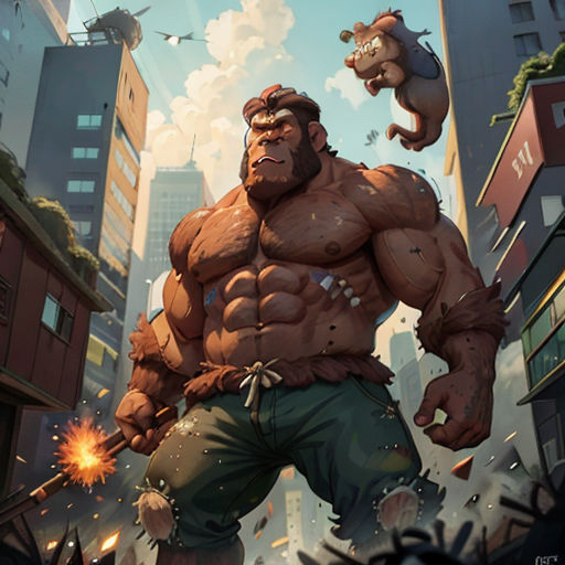 a man with a dog on his back in a city street with buildings and a dog on his shoulders