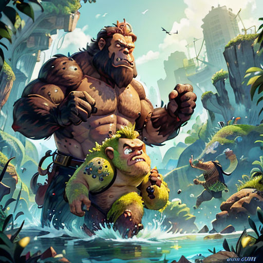 a cartoon of a man and a gorilla in a jungle with other animals in the background, and a man holding a baby
