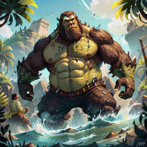 a cartoon character with a big hairy body and a beard, standing in the middle of a jungle with a giant monster