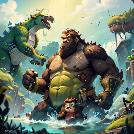 a cartoon character with a large head and a large body of water in front of a city with dinosaurs