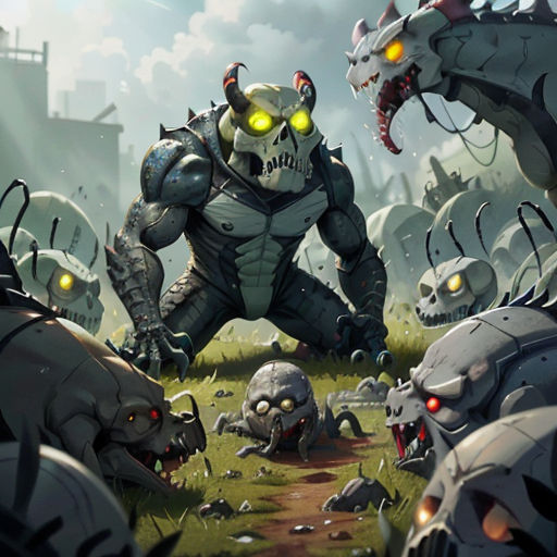 a group of monsters with glowing eyes in a field of grass with a building in the background and a sky with clouds
