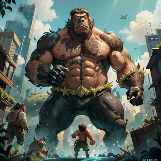 a man standing in front of a giant gorilla in a city with other people around him and a dog
