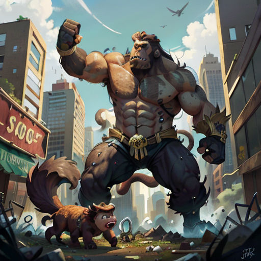 a cartoon of a man with a huge muscular body and a dog in a city street with buildings and birds