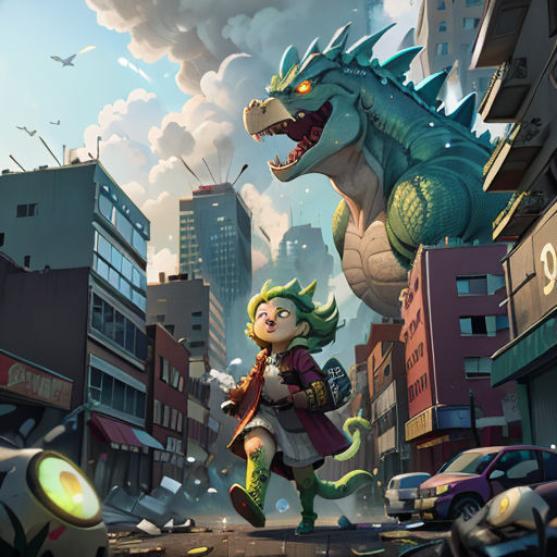 a cartoon of a girl and a dragon in a city with a cityscape in the background and a cityscape in the foreground