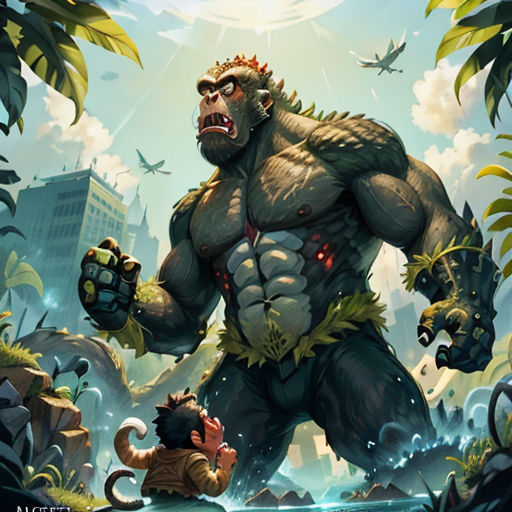 a man standing next to a giant monster in a jungle with a monster on his back and a man on his knees