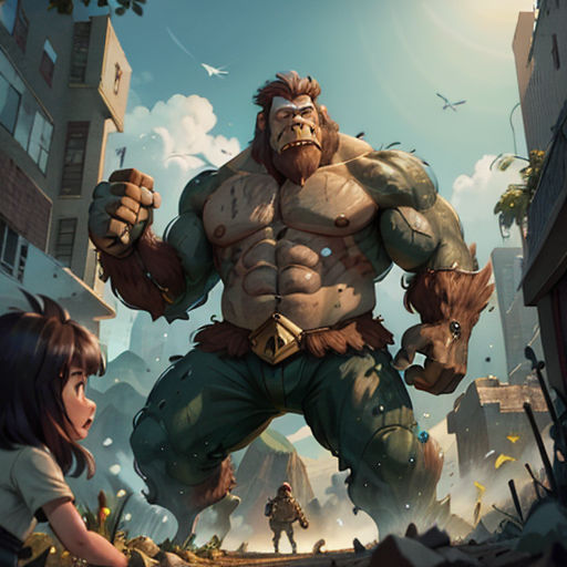 a girl and a giant man in a city with buildings and a street sign in the background, with a giant man in the foreground