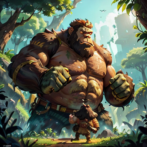 a man standing in the middle of a forest next to a giant gorilla character in a video game character